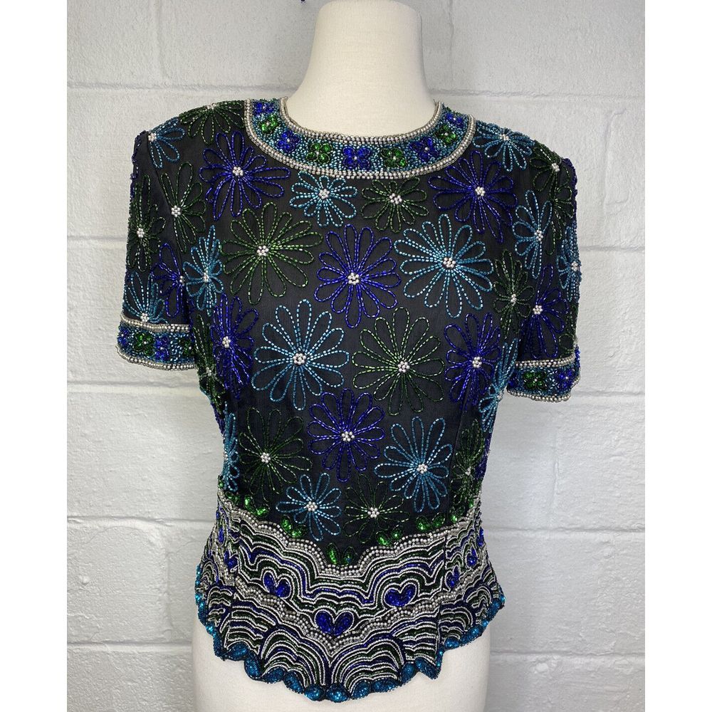 VTG Laurence Kazar Glam Beaded Top Hearts Flowers Kitsch Womens‎ Large Petite PL